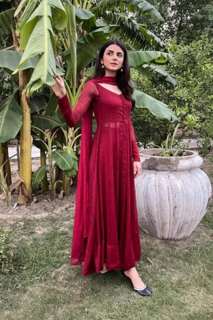 Red Embroidery Work Anarkali Suit